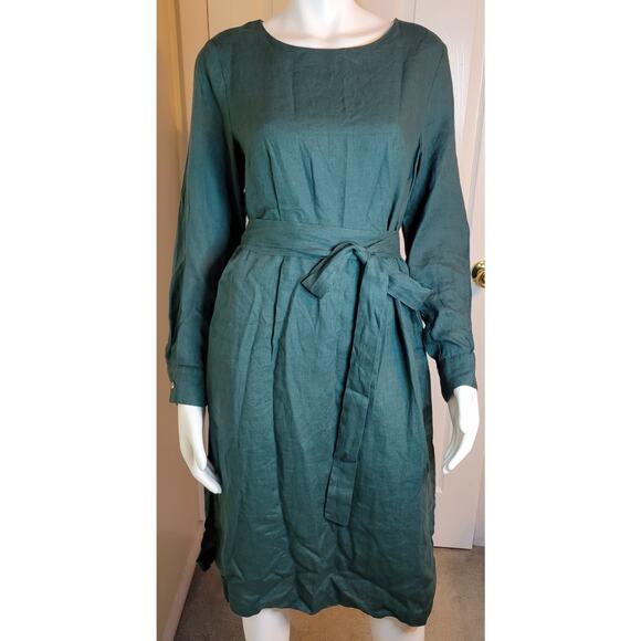 NWT Grae Cove Belted 100% Linen Dress Sage Green Pockets Boat Neck L Slv Size S - Picture 1 of 11